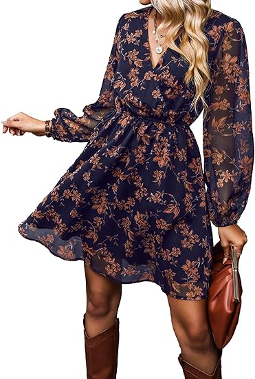 CUPSHE Women's Mini Dresses Casual Spring V Neck Chiffon Long Peasant Sleeves Flowy Spring Dress